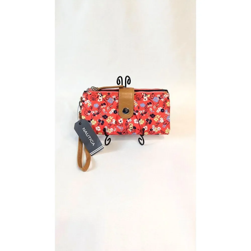 Nautica double zip wristlet nylon pleated orange red floral tan trim silver NWT
